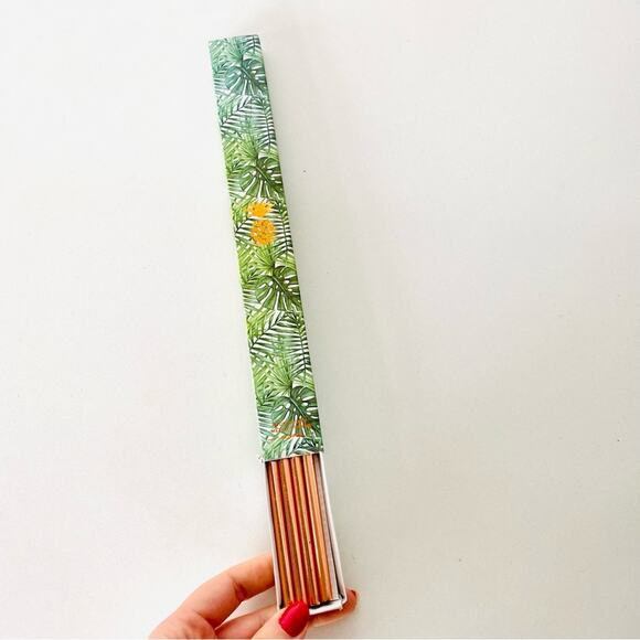 NEW ANTHROPOLOGIE Copper Metal Reusable Drink Straw Set 4 10” Leaf Gift Box - Picture 3 of 6